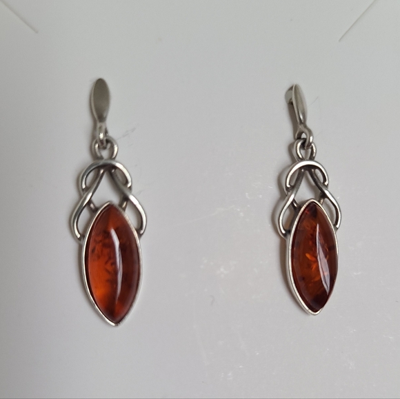 Vintage Jewelry - Vintage Sterling Silver Celtic Boho Marquis Baltic Amber Long Drop Earrings